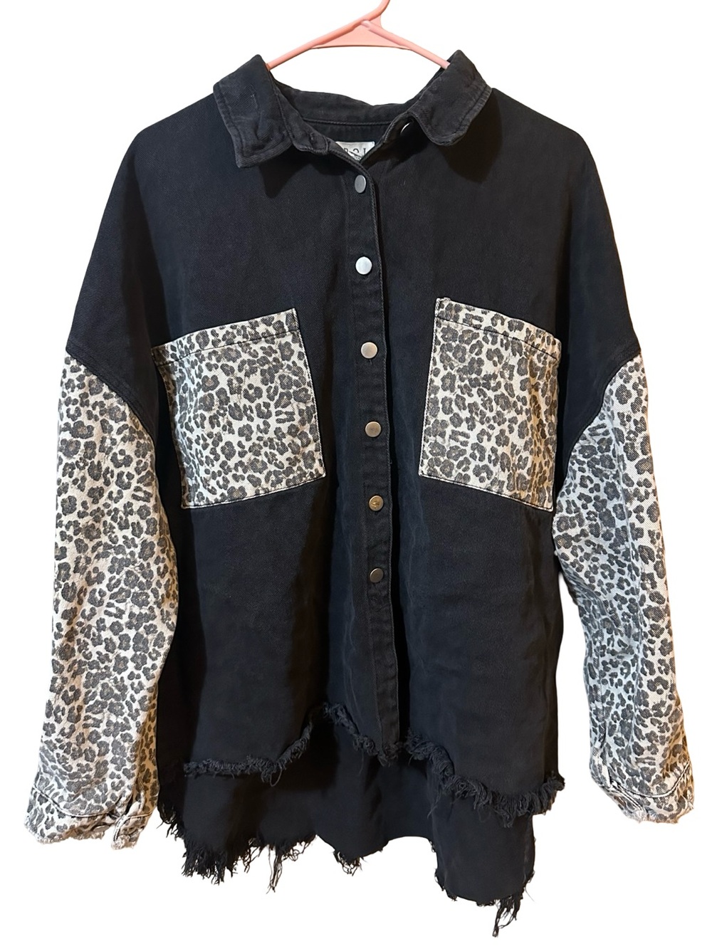 POL Black Distressed Leopard Print Denim Shacket Jacket Festival Fall Western L